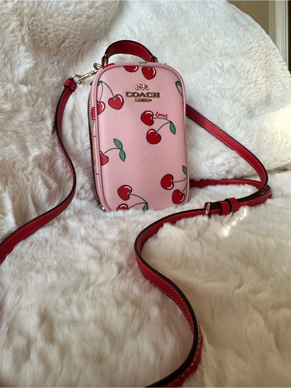 Coach Pink Cherry Crossbody Phone Pouch with Red Strap - Picture 11 of 11